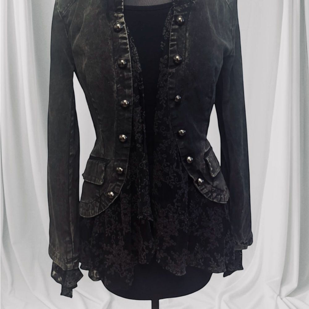 Oli & Hali Washed Curved Hem Jacket with Lace Ruffle Blk Size Medium NWT